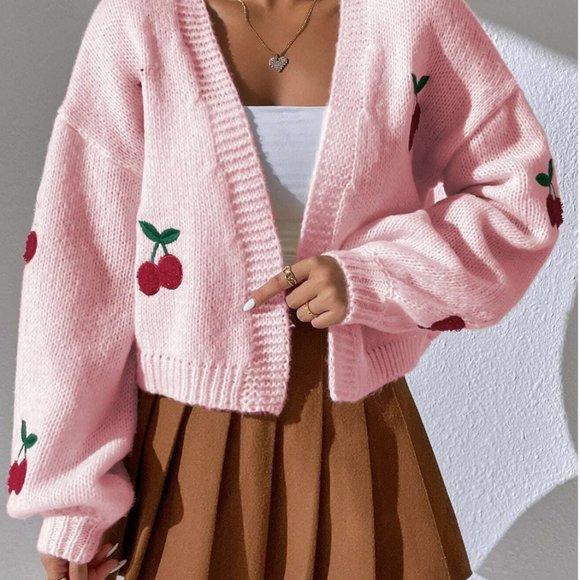 Pink Cherry Embroidery Lantern Sleeve Cardigan - Picture 5 of 10